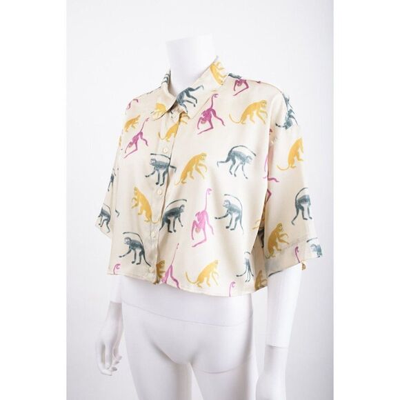 Zara Womens Monkey Animal Print Shirt Crop Top Safari Zoo S Multicolor NWT - Picture 4 of 8